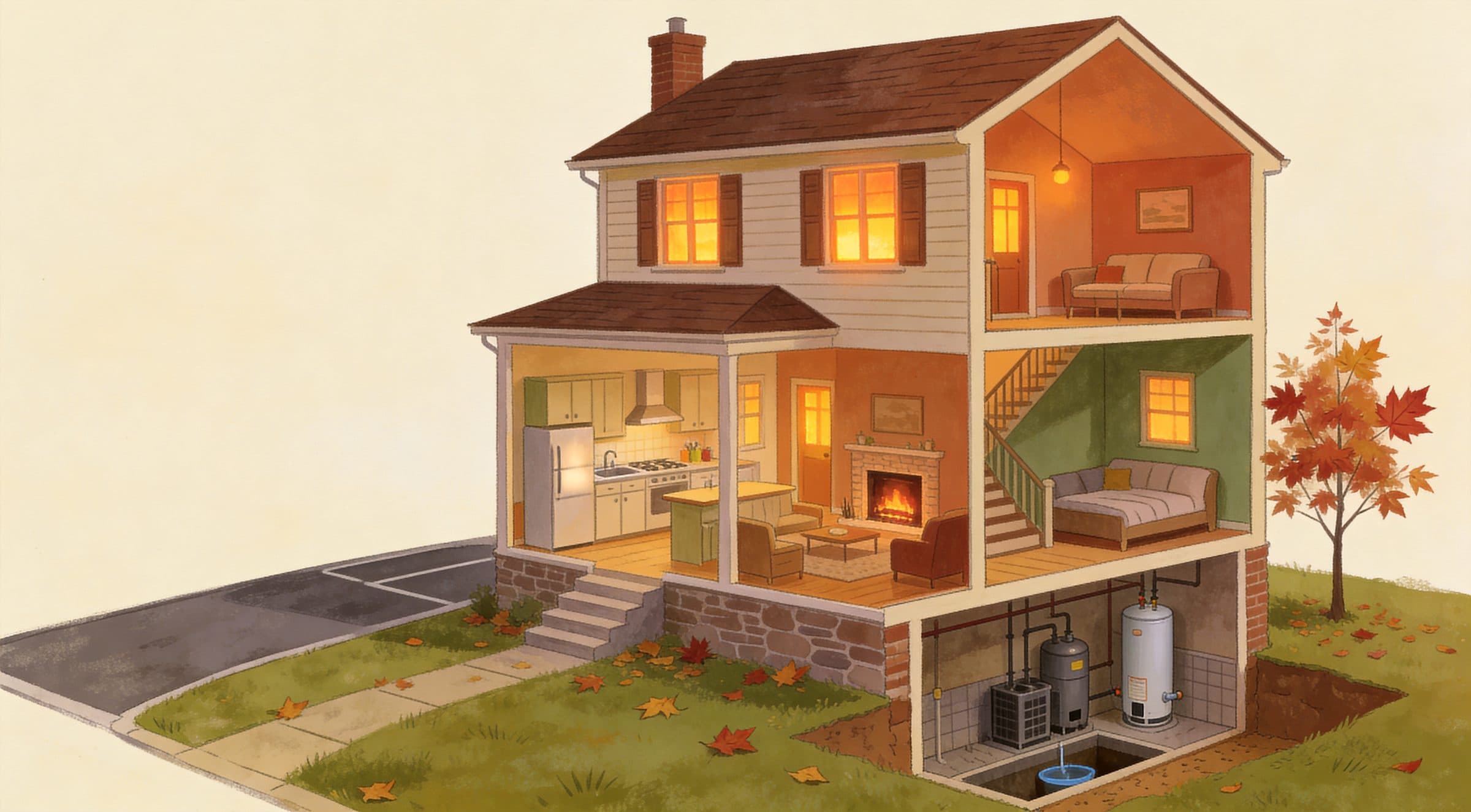 A cutaway illustration of a two-storey home at dusk, lit from inside, with the furnace and hot water tank visible in the basement