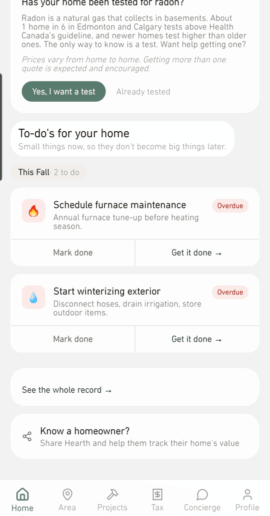 The Hearth home screen with two fall to-dos