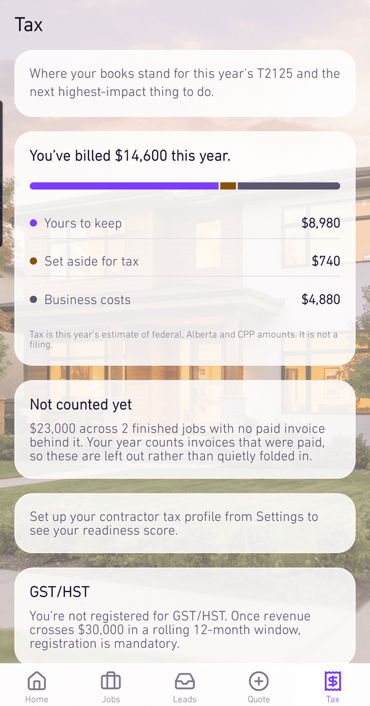 The Tax tab showing what was billed this year and what to set aside